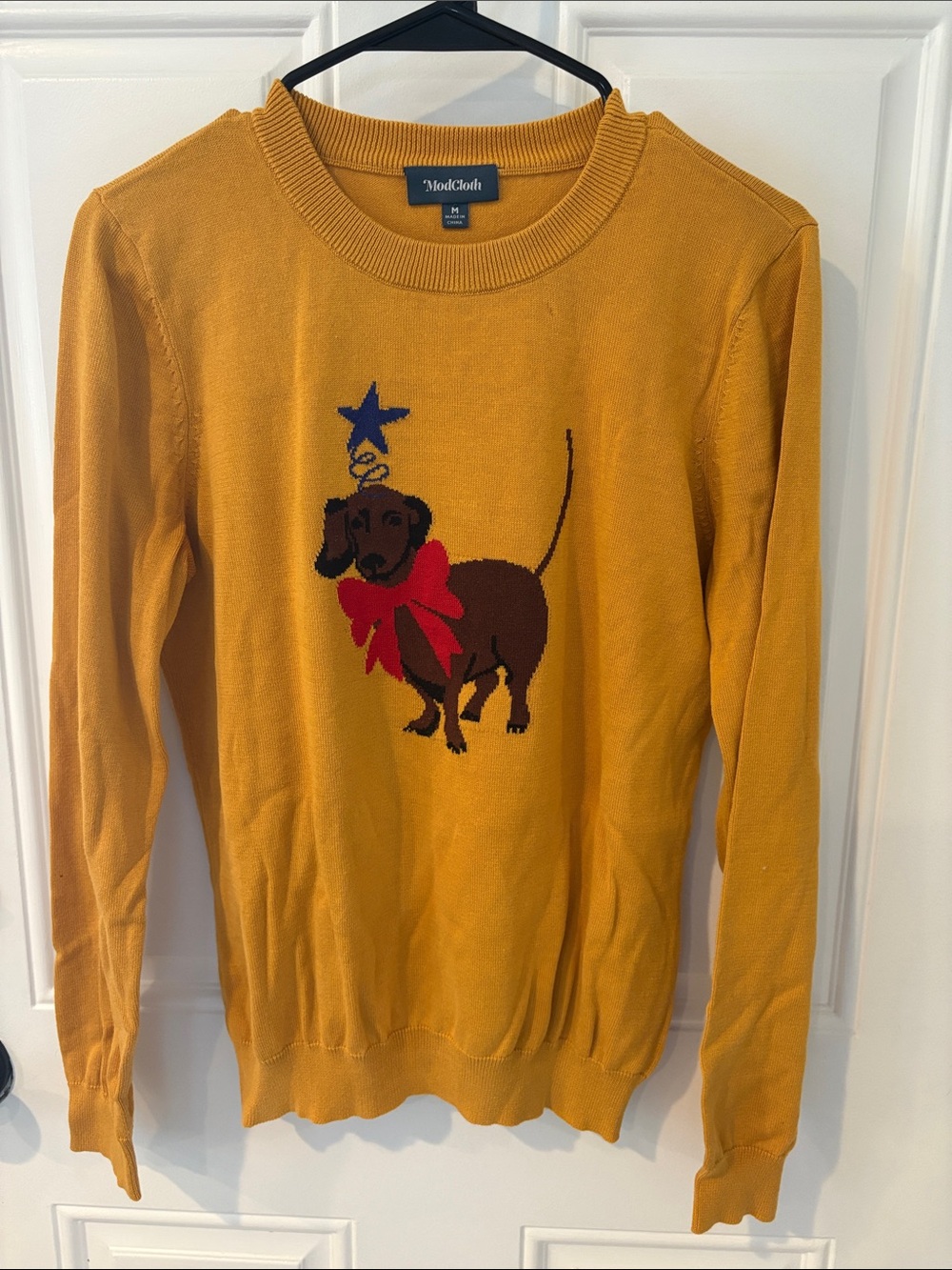 ModCloth Mustard Crewneck Sweater with Dachshund Motif
